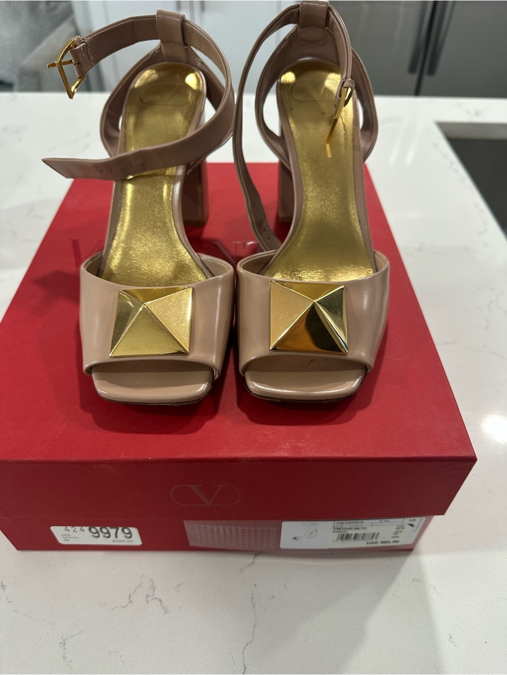 Valentino Garavani Blush Patent Leather Stud Block Heel Sandals - Picture 3 of 3